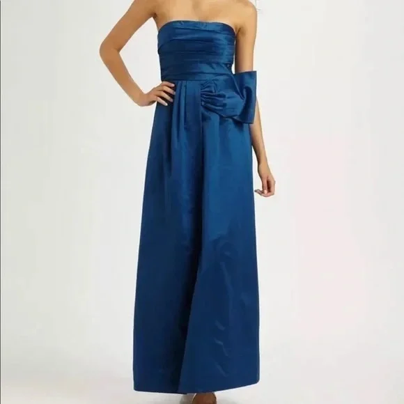 bcbg strapless dress blue BCBG Strapless Blue & Black Floral 100% Silk tea Gown Sz 6